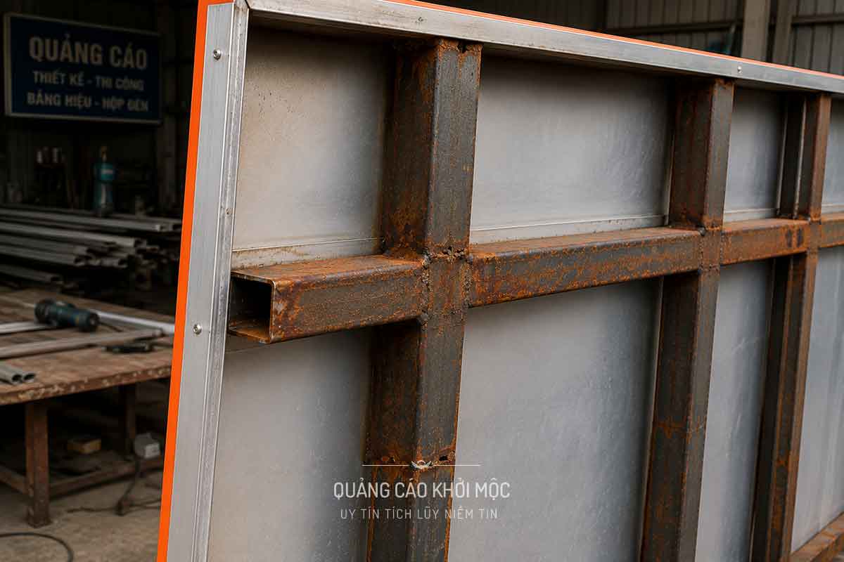 Khung sắt bên trong bảng hiệu alu bị gỉ sét do không sơn chống gỉ