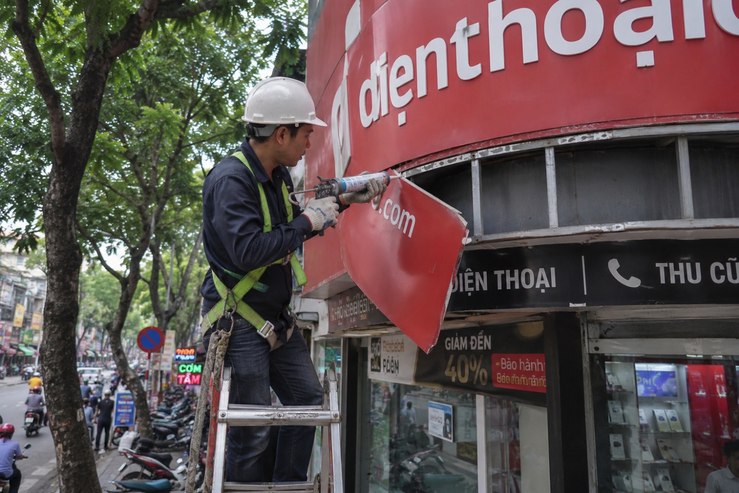 Thợ đang gia cố lại bảng hiệu alu bị bong tróc bằng keo chuyên dụng
